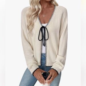 Women's Cream Cardigan Sweater with Black Trim and Bow Toe Closure Size M